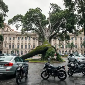 Árvore cai da Praça da República e atinge carros e motos; veja imagens árvore cai da Praça da República